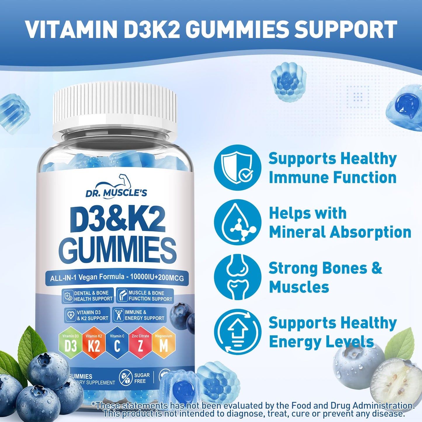 DR. MUSCLE'S Vitamin D3 K2 Gummies 60 Count