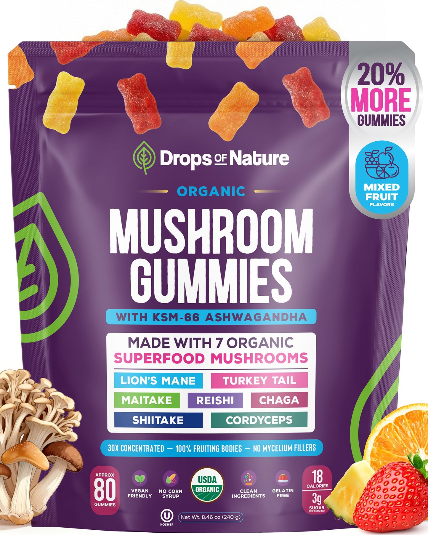 Drops Of Nature Organic Mushroom Gummies & Ashwagandha - Mixed Berry, 80 Gummies