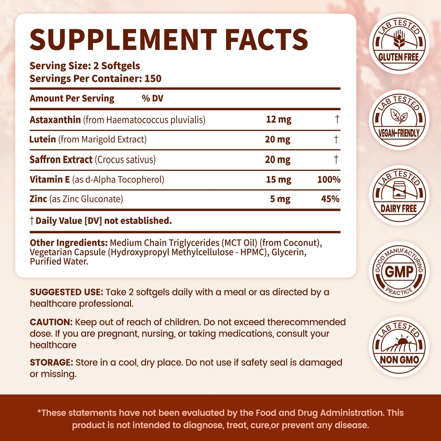 VEV Astaxanthin 12mg & Lutein 20mg Supplements with MCT Oil Softgels, 300