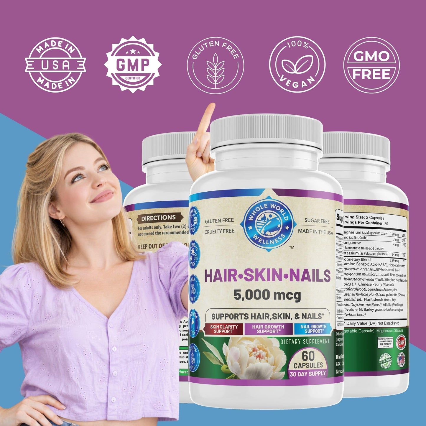 WHOLE WORLD WELLNESS Healthy Hair Skin and Nails Supplement for Women & Men with Biotin 5000mcg, 60 Capsules