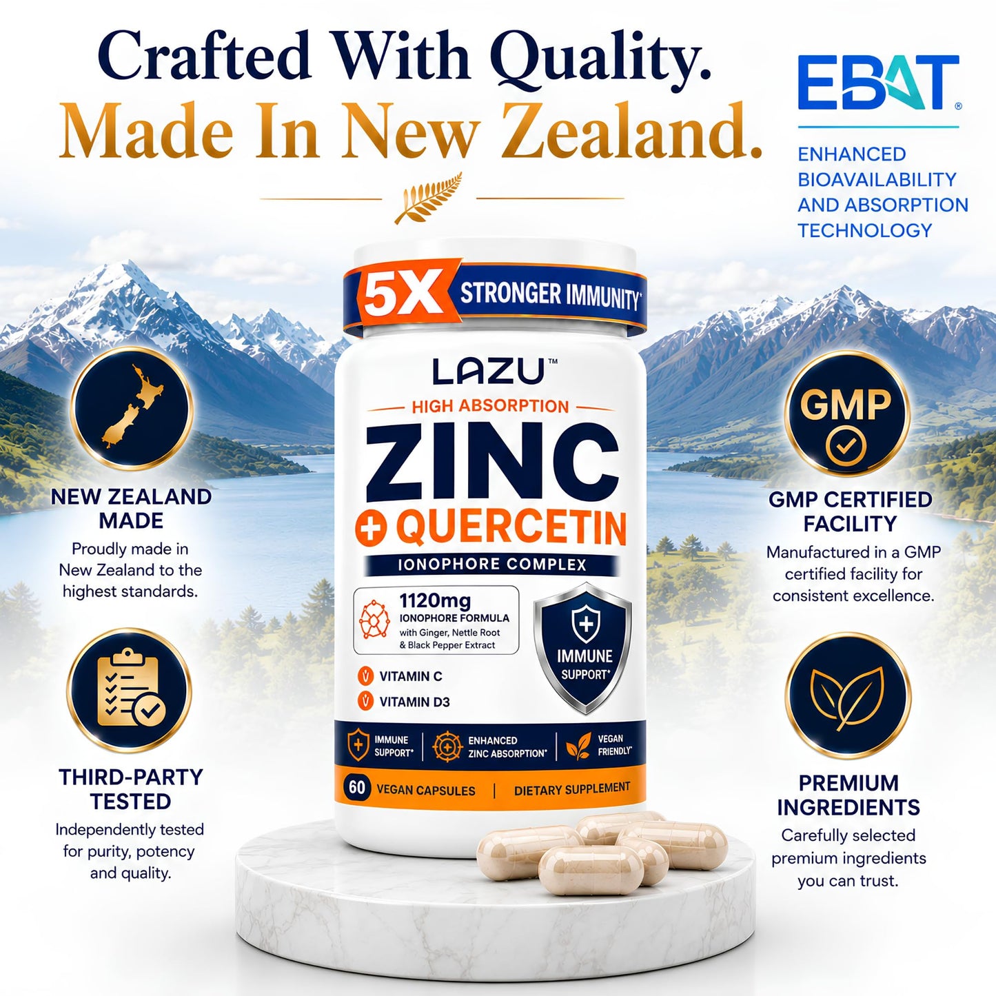 LAZU Zinc Supplements with Quercetin, Vitamin C & D3 Capsule, 60 Count