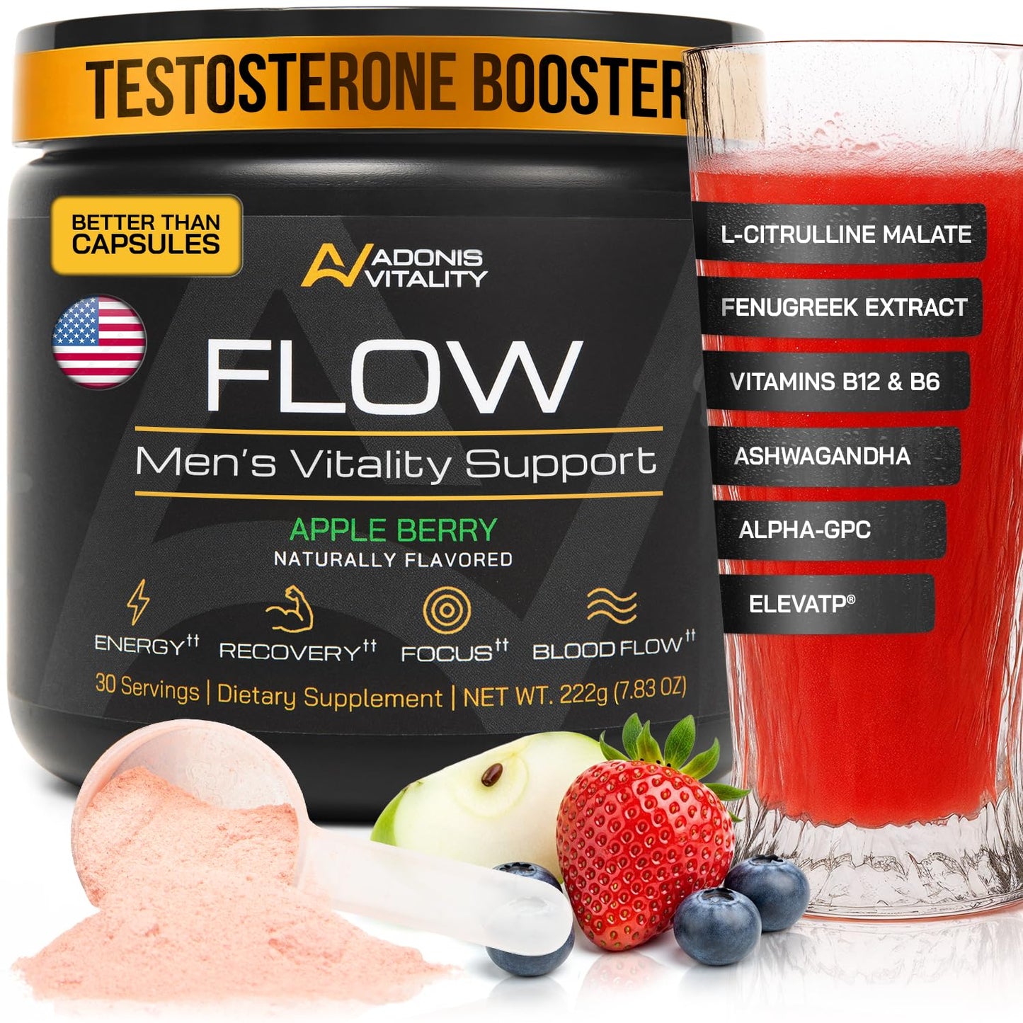 Adonis Vitality Testosterone Booster for Men Flow Powder 7.83 Ounce