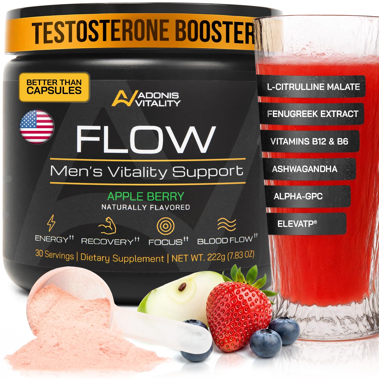 Adonis Vitality Testosterone Booster for Men Flow Powder 7.83 Ounce