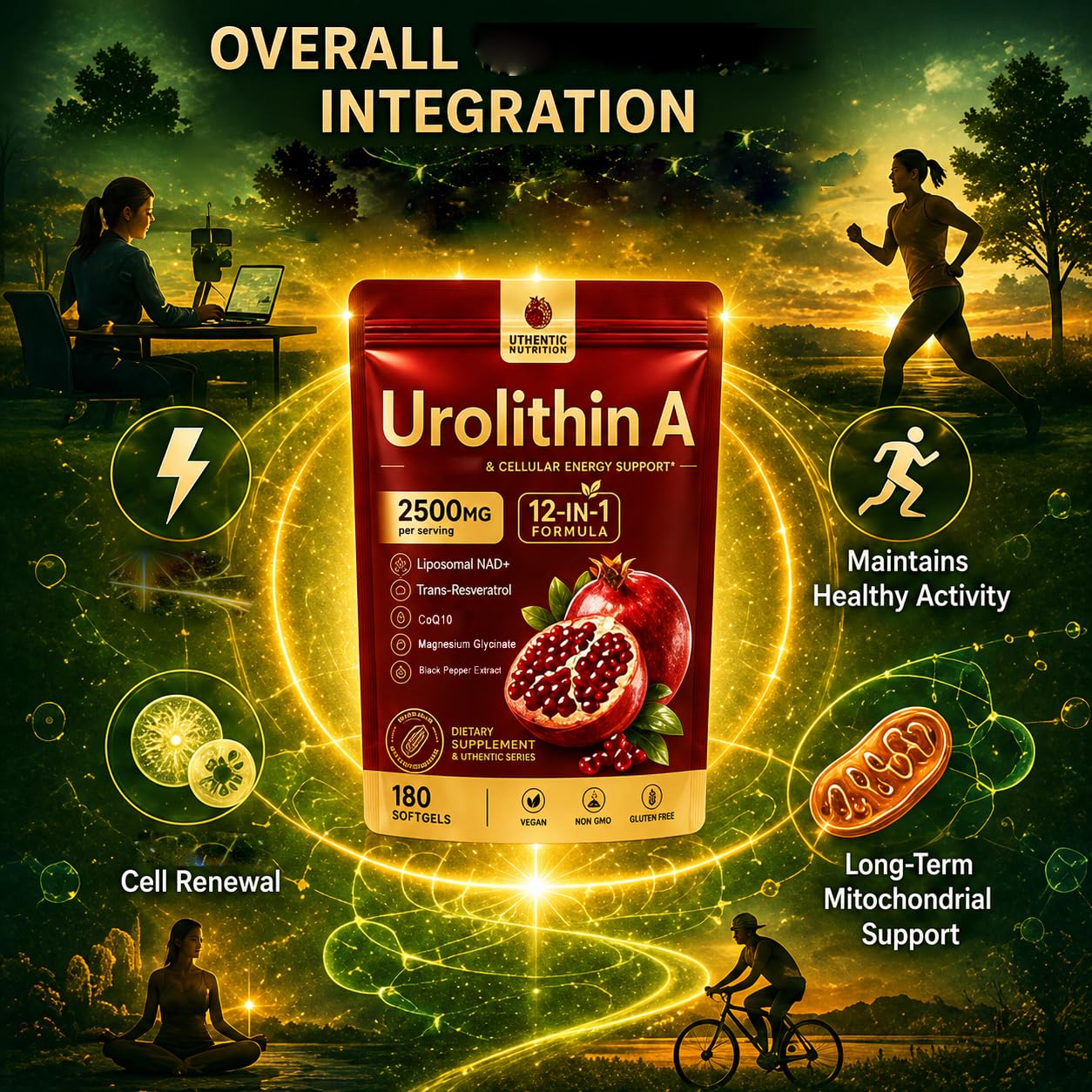 Bodylove Mask Urolithin A+ Supplement, 12-In-1 Formula with Liposomal NAD+, Trans-Resveratrol, Support Cellular Health & Mitochondrial, Natural Antioxidant, Promotes Muscle Strength & Endurance Softgel 1 Count