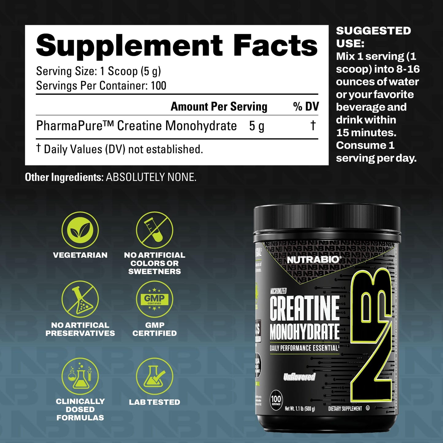 NutraBio Pure Micronized Creatine Monohydrate Powder 17.6 oz