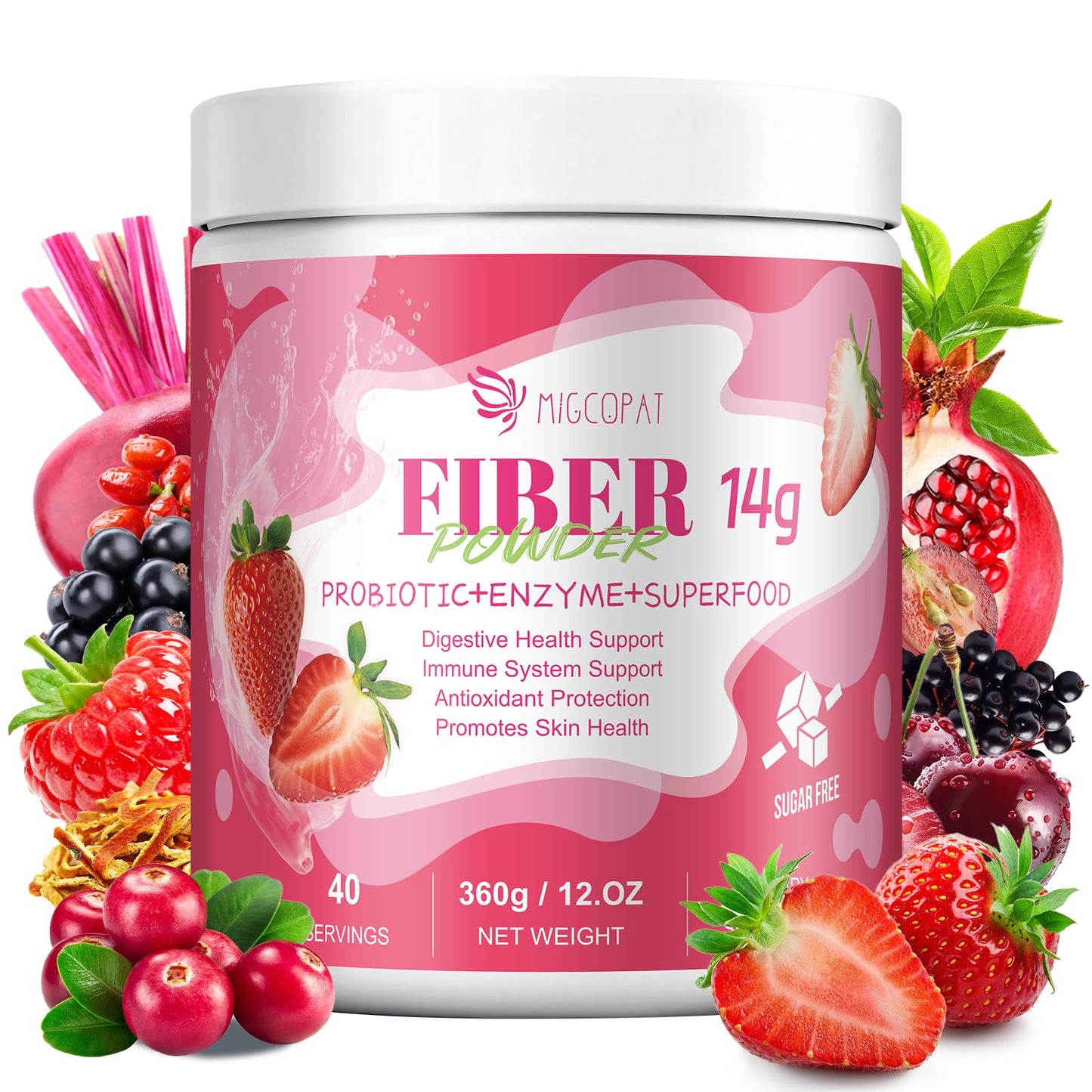 Migcopat Superfood Fiber Powder with Probiotics, Prebiotics, Digestive Enzymes, Vitamin C, Inulin, Magnesium, 14G Fiber Supplement for Digestive Support & Skin Health, Strawberry 12.7 Ounce
