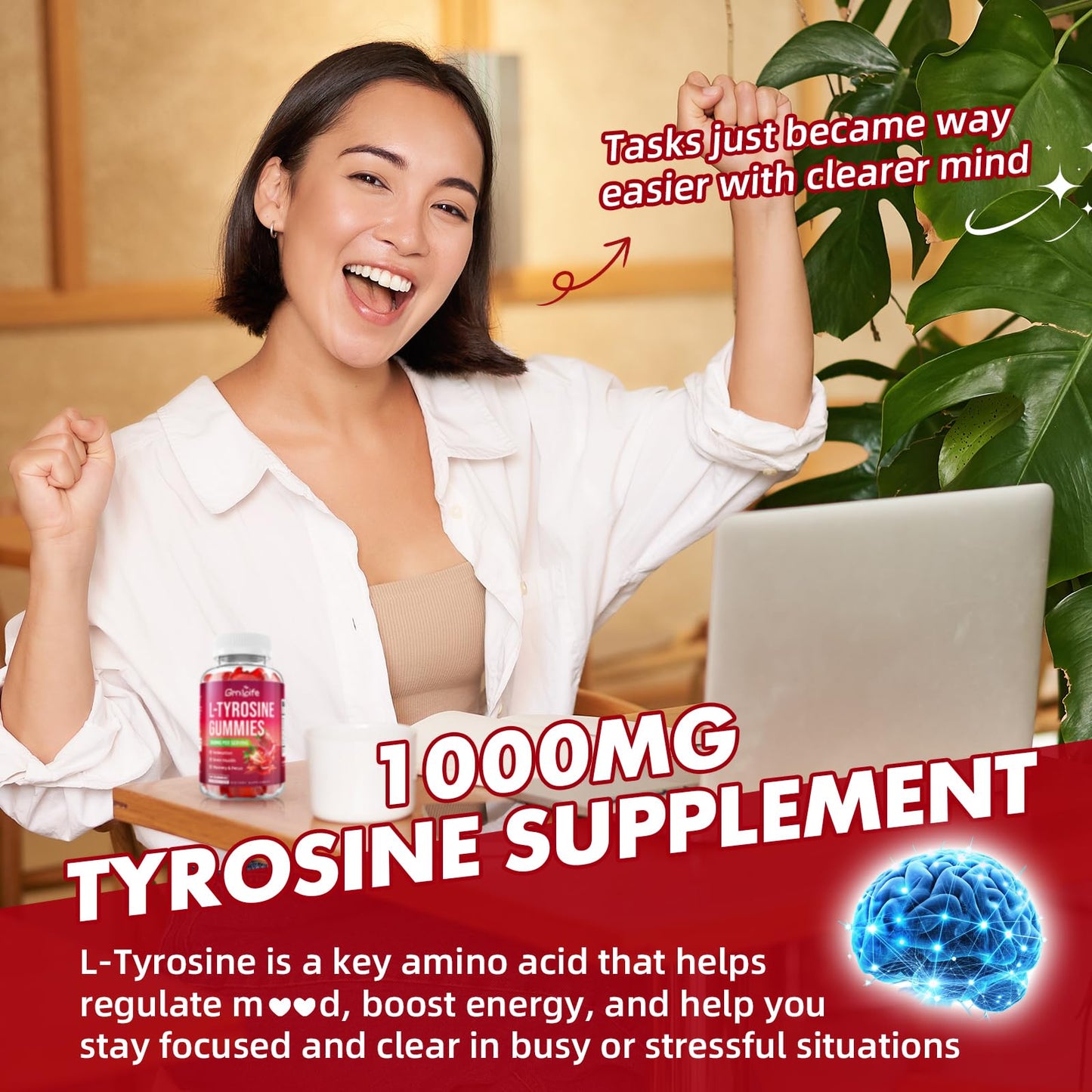 GrnLife Tyrosine Gummies 1000mg, Sugar-Free L-Tyrosine Supplement, Strawberry Flavor, 120 Count