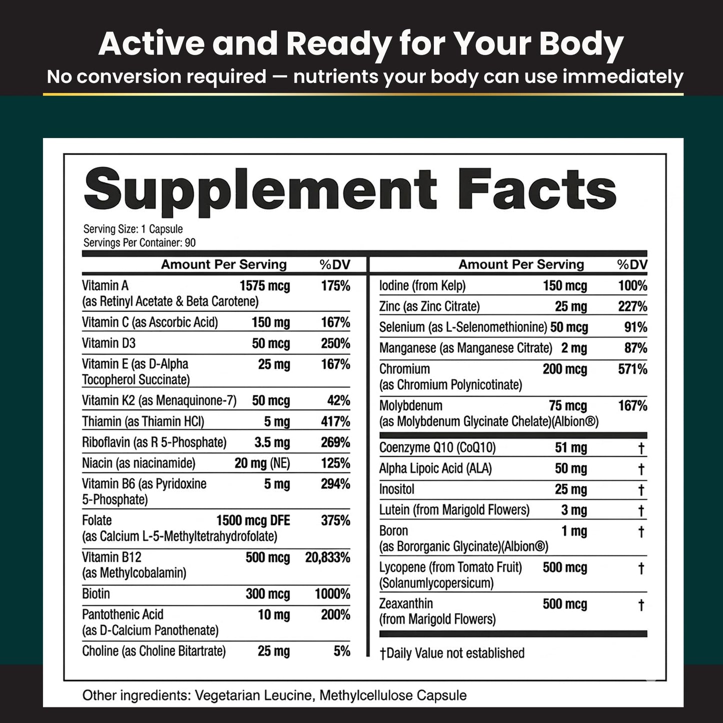 Eliixr Methylated Multivitamin Iron Free – Active B Complex with Methyl B12 & 5-MTHF Folate, CoQ10, Zinc, D3, K2 – Energy, Brain & Metabolism – Daily Vitamin for Men & Women, 90 Capsules