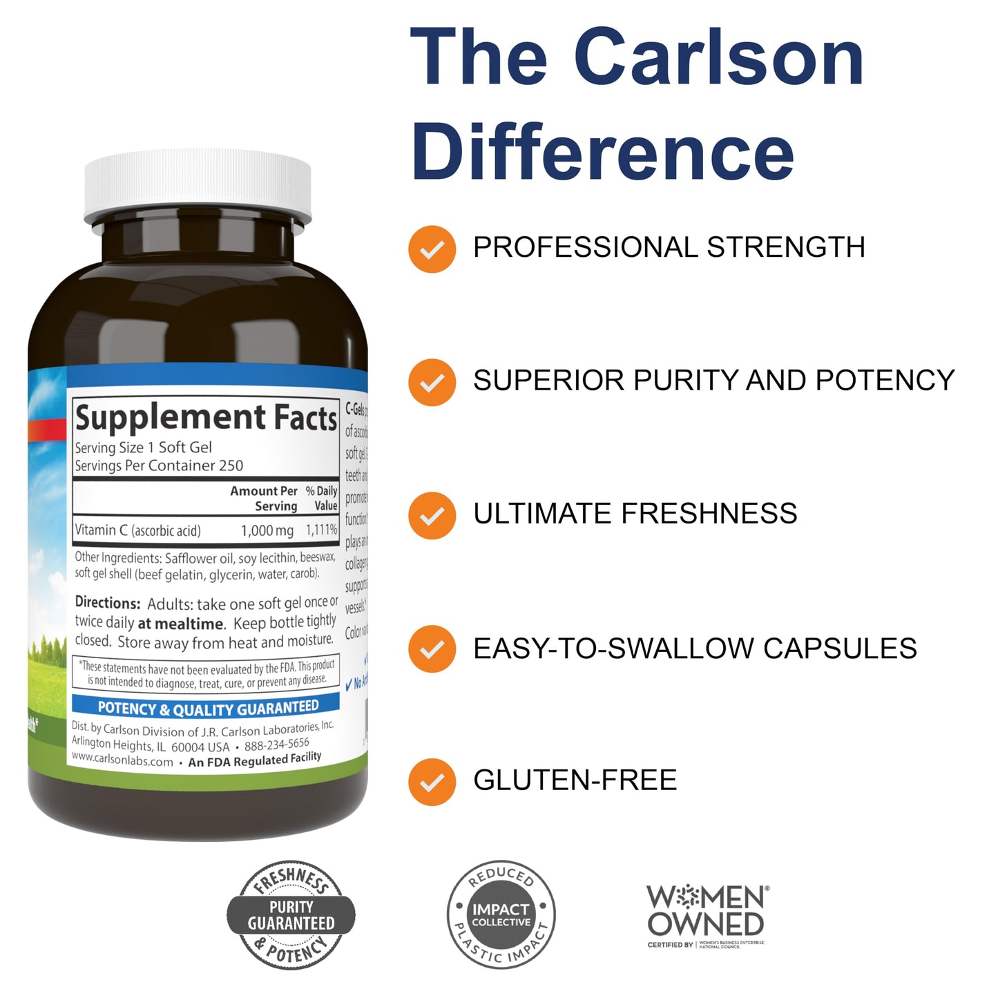 Carlson C-Gels 1000mg Vitamin C Softgels, 250 Softgels