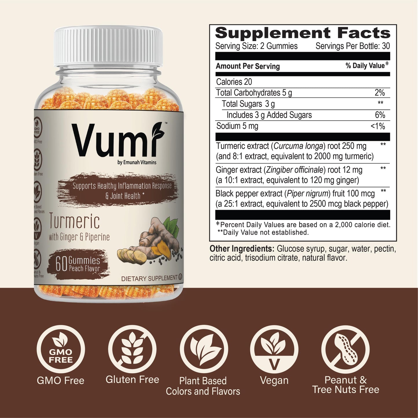 Vumi Turmeric Gummies with Ginger and Piperine, 60 Gummies