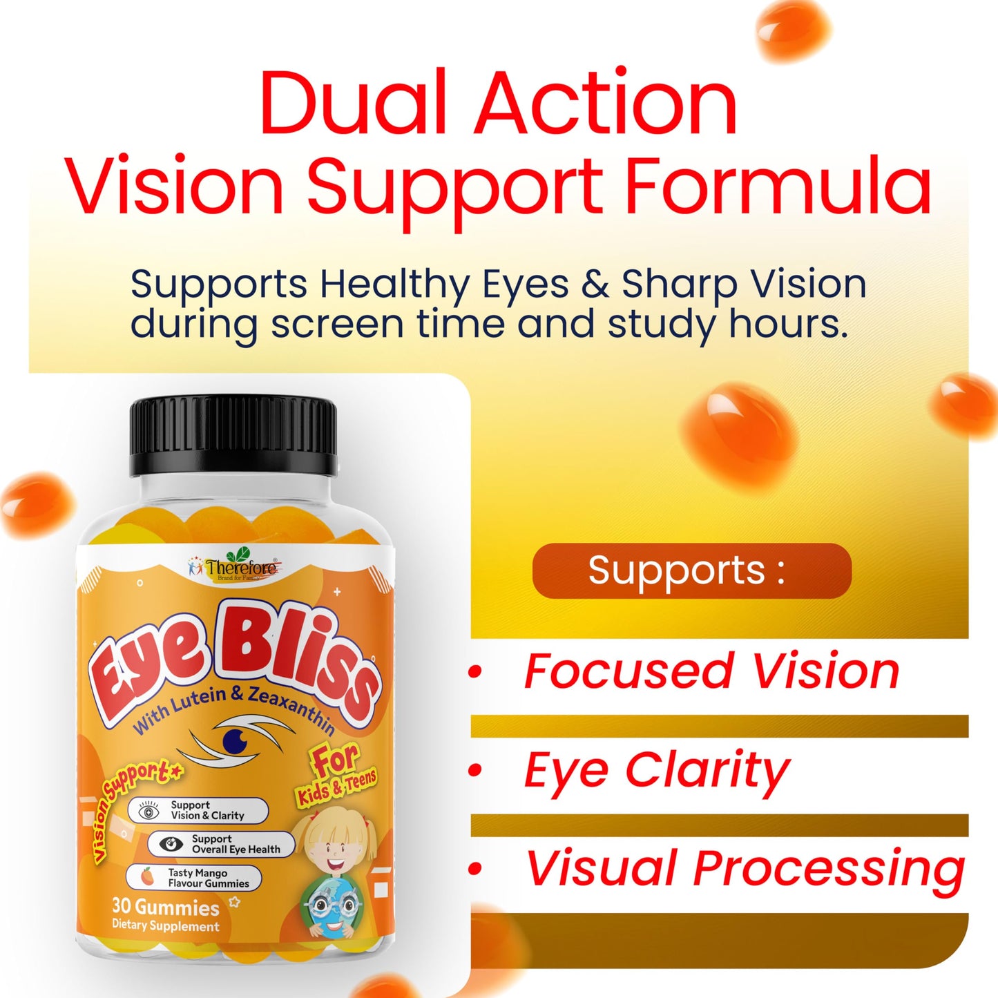 Therefore Eye Health Gummies for Kids & Teens – Lutein Zeaxanthin Vision Support Supplement – Vegan, Non-GMO 30 Gummies