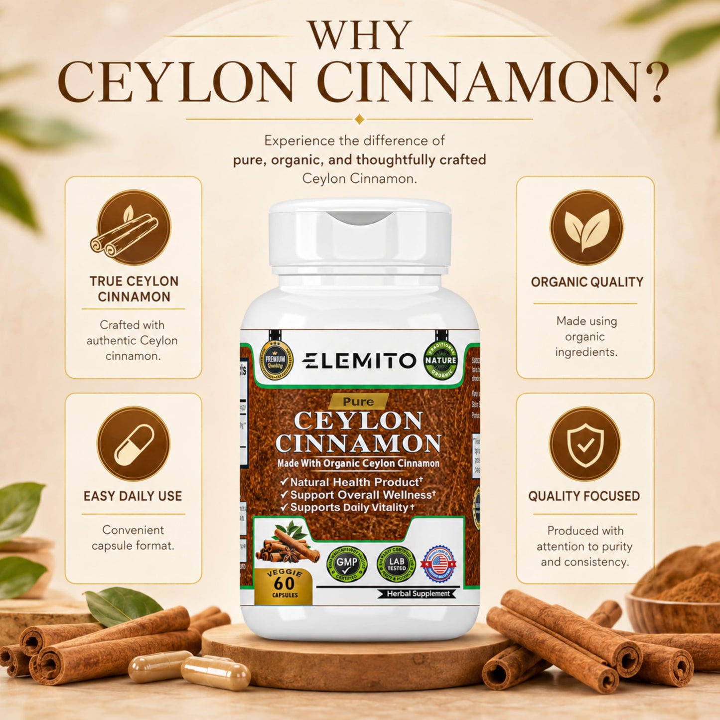 ELEMITO Organic Ceylon Cinnamon Capsules 1200mg, 60 Count