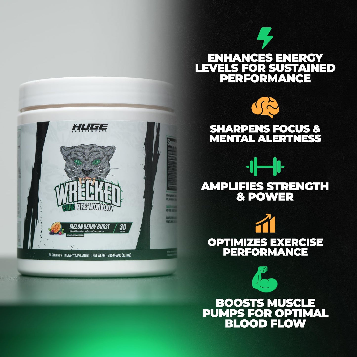 Huge Supplements Wrecked Core All-in-One Pre-Workout for Men & Women, Increase Energy, Focus & Pumps with L-Citrulline, Beta-Alanine, L-Tyrosine & More Powder, 30 Servings