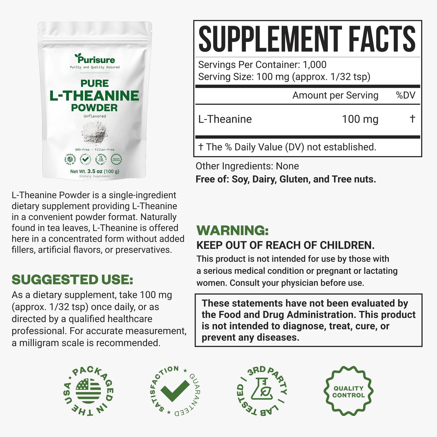 Purusure L-Theanine Powder, 3.53 oz