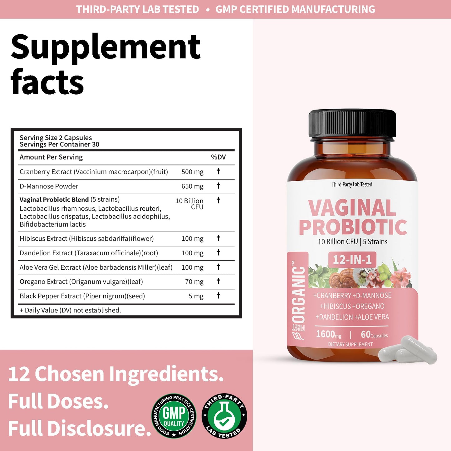FIRSTORGANIC Women's Vaginal Microflora Probiotic Complex Capsules, 60 Count