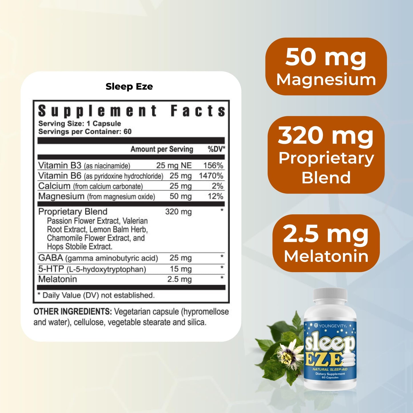 Youngevity Sleep Eze Natural Sleep Support - Valerian Root, Passion Flower, 5-HTP, Melatonin - Non-Habit Forming, 60 Capsules