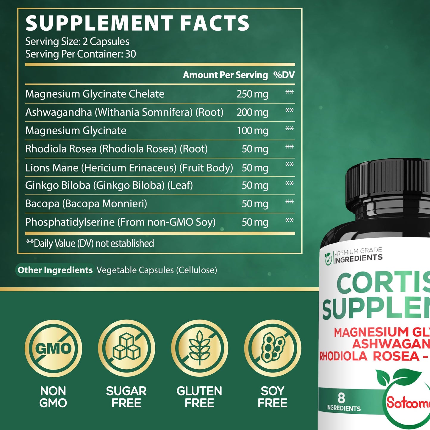 Satoomi 8in1 Cortisol Manager with Magnesium Glycinate, Ashwagandha, Rhodiola Rosea, Lions Mane & More - Cortisol Reducer Supplement for Men & Women, 60 Capsules