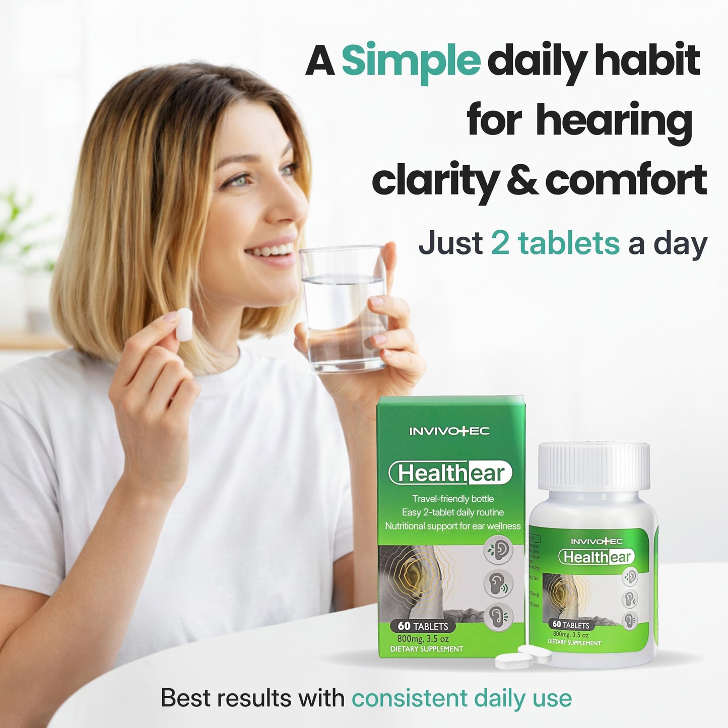 invivotec Hearing Support Supplement for Clarity & Ear Health with Magnesium, B6 & Patented Botanical Complex 60 Tablets