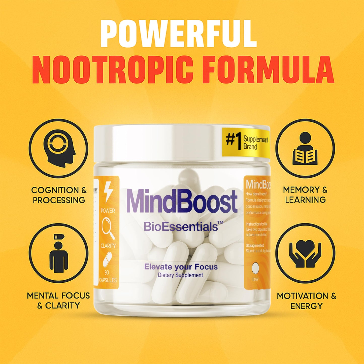 BioEssentials MindBoost 10-Ingredient Nootropic Stack Citicoline 280mg & L-Tyrosine 280mg – Cognitive Function & Mental Focus – PS 100mg + Uridine Creatine ALA Mg Zn, 60 Capsules