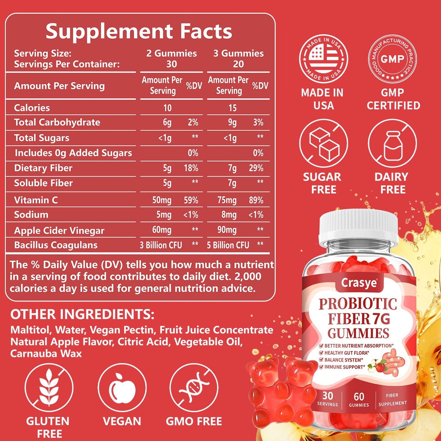 Crasye Fiber Gummies for Adults 60 Gummies