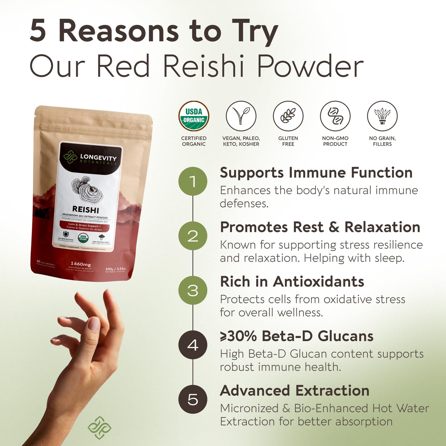 Longevity Botanicals Organic Reishi Mushroom Powder Supplement, 3.53 oz