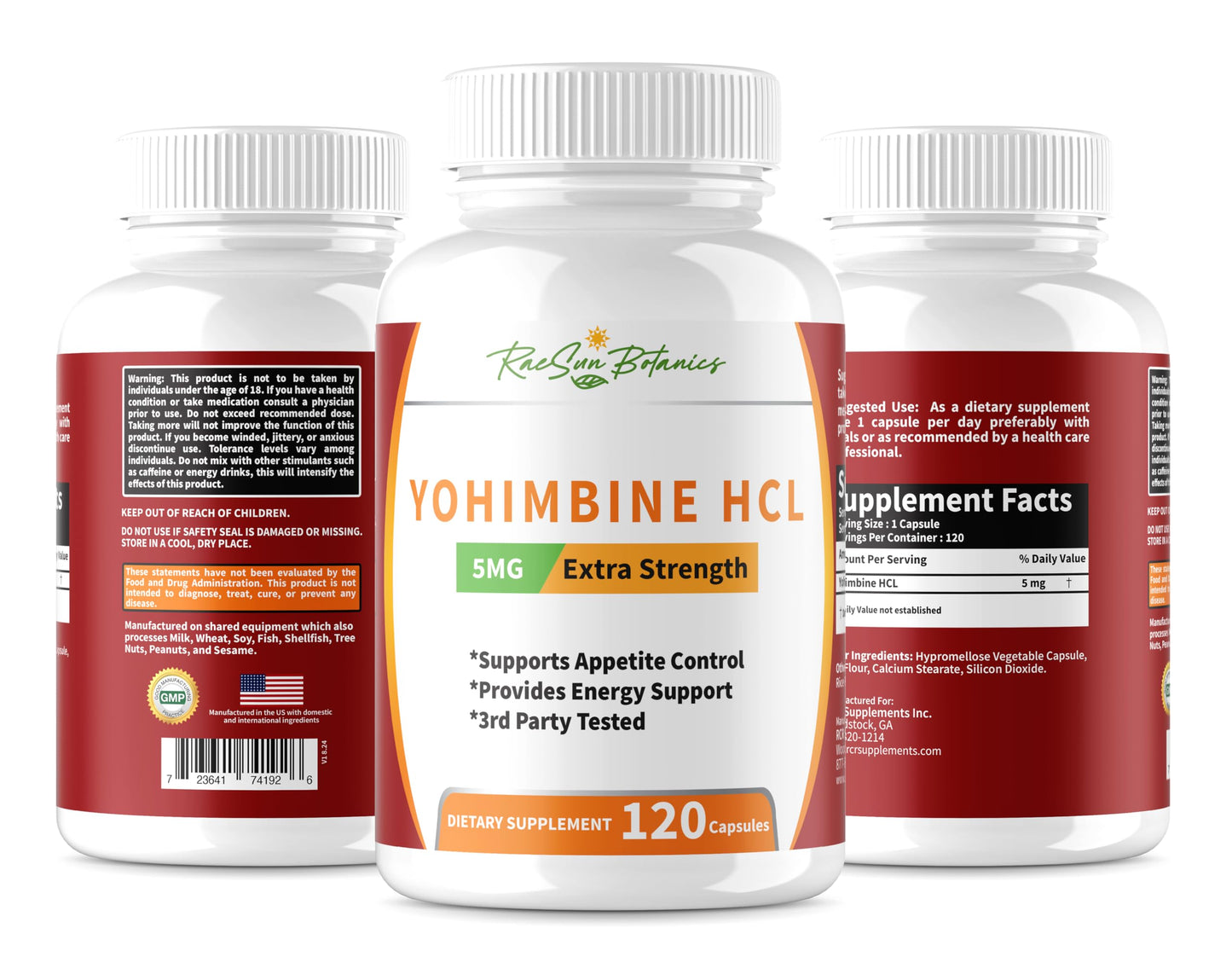 RaeSun Botanics Yohimbine HCL Bark Extract 5mg Capsules, 120 Count