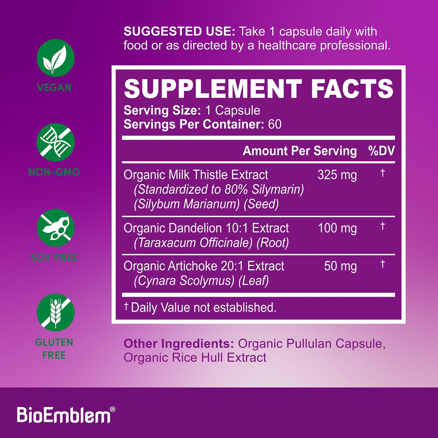 BioEmblem USDA Organic Liver Cleanse 80% Silymarin Milk Thistle Extract for Liver Health with Dandelion & Artichoke Extracts, 60 Capsules