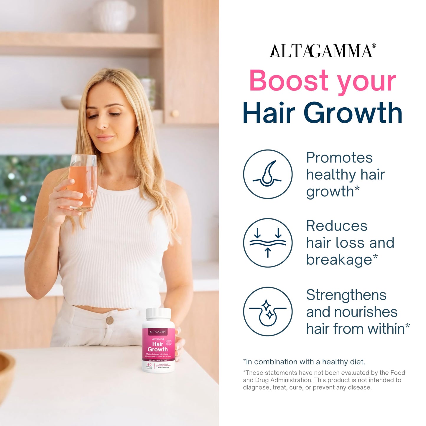 ALTAGAMMA Hair Growth Supplements with Marine Collagen Peptides, 60 Capsules