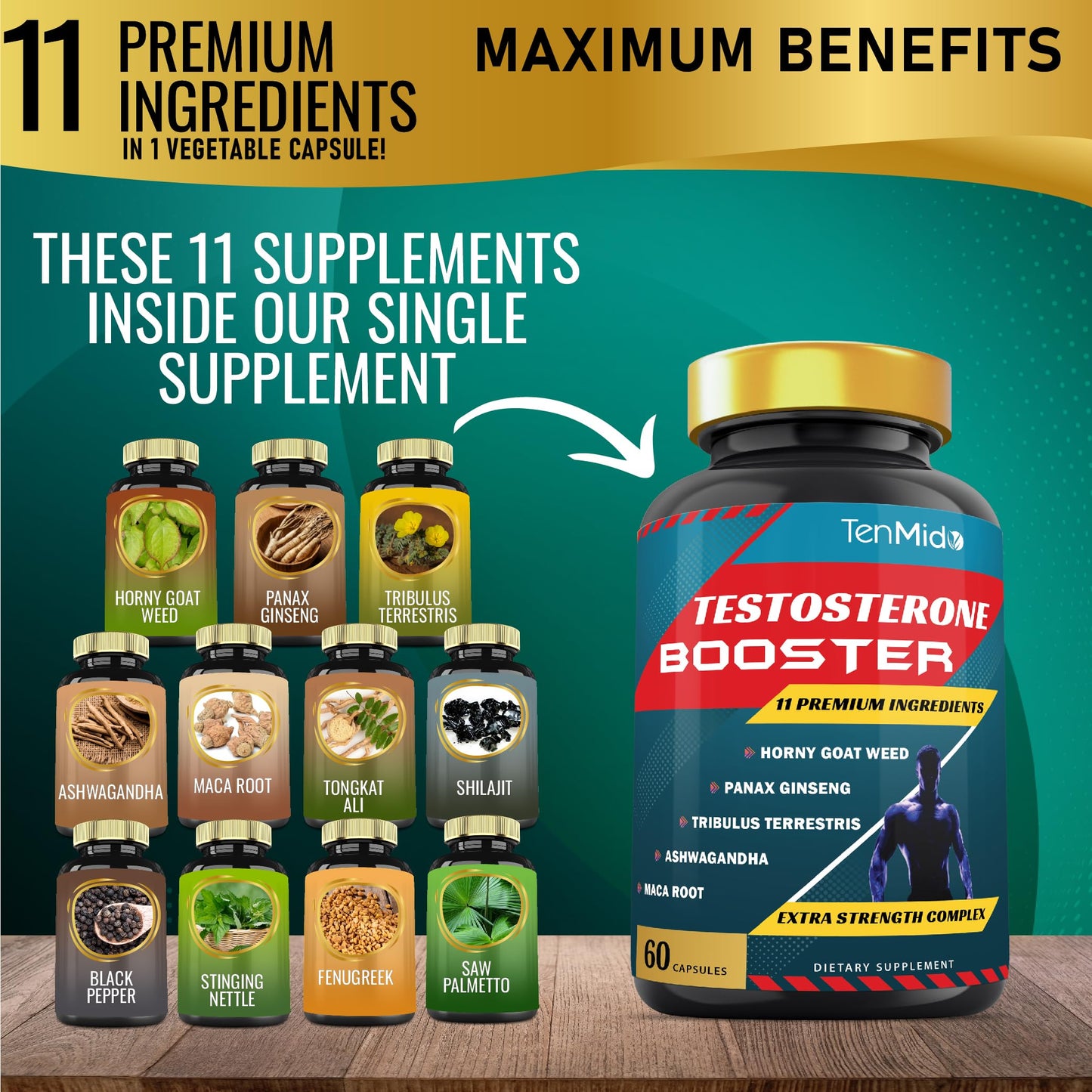 Tenmido Testosterone Booster for Men Capsules, 60 Count