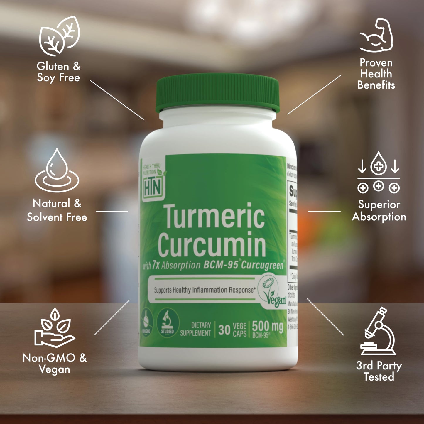 Health Thru Nutrition Turmeric Curcumin Complex 500mg BCM-95 Curcugreen Clinically Studied Capsules, 30