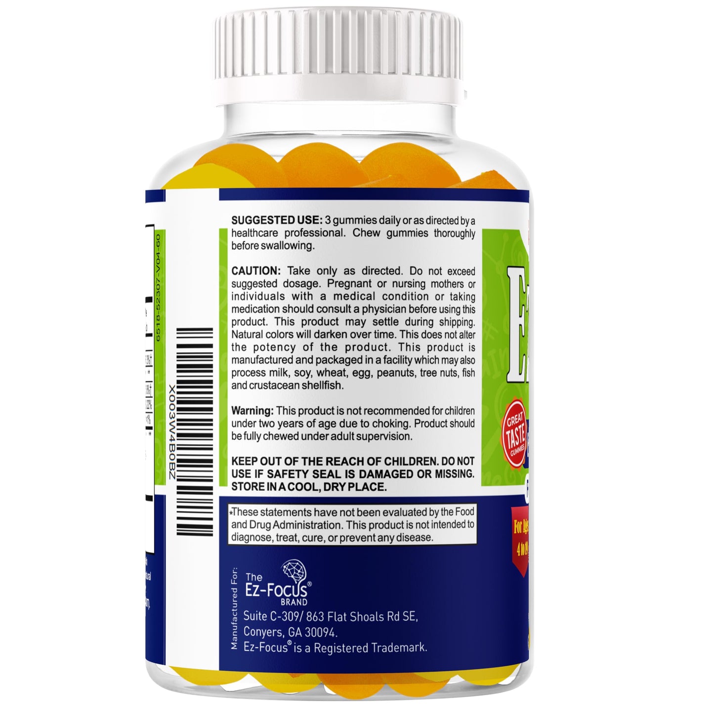 Ez-Focus Junior Brain Vitamins & Memory Supplements for Kids & Teens Gummy, 60 Count