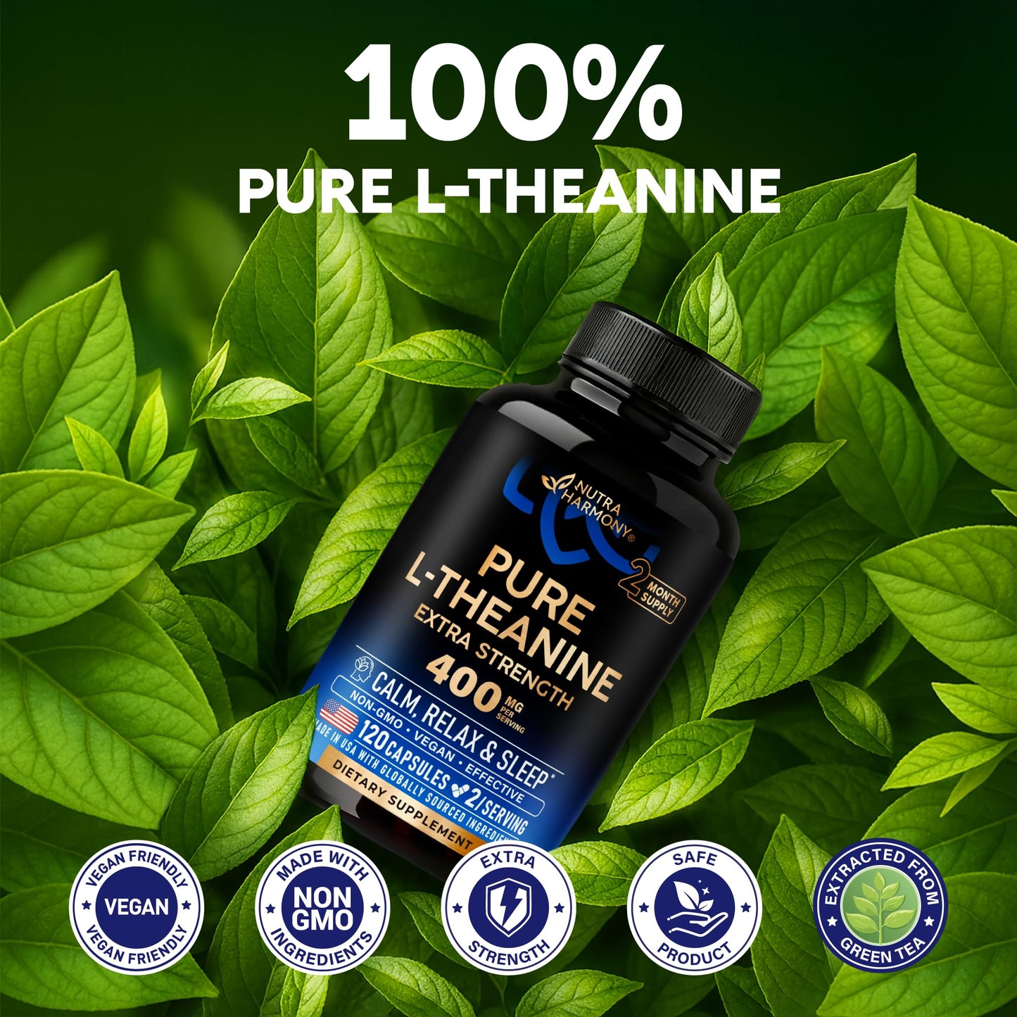 NUTRAHARMONY L-Theanine 400 mg Capsules, 120 Count