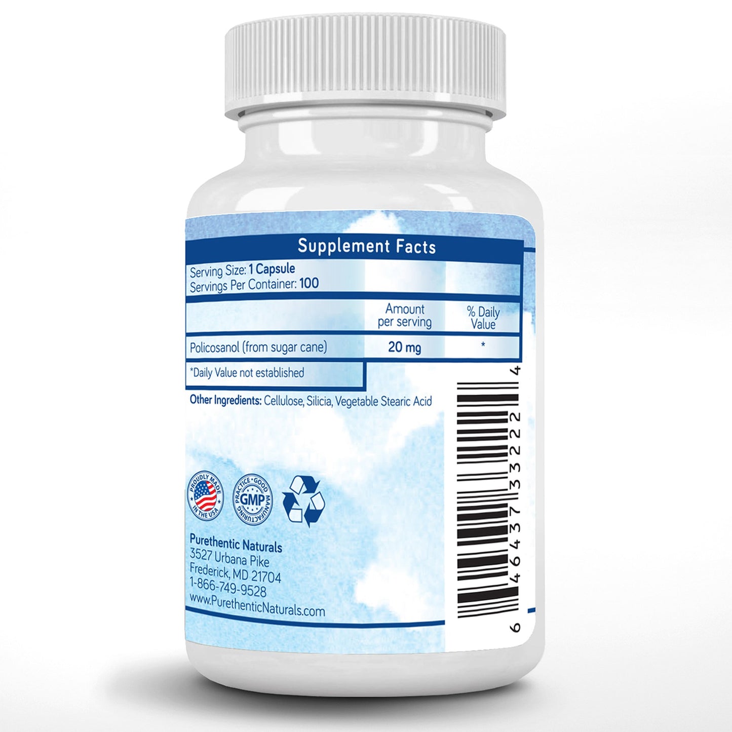 Purethentic Naturals Policosanol 20mg Veg Capsules, 100 Capsules