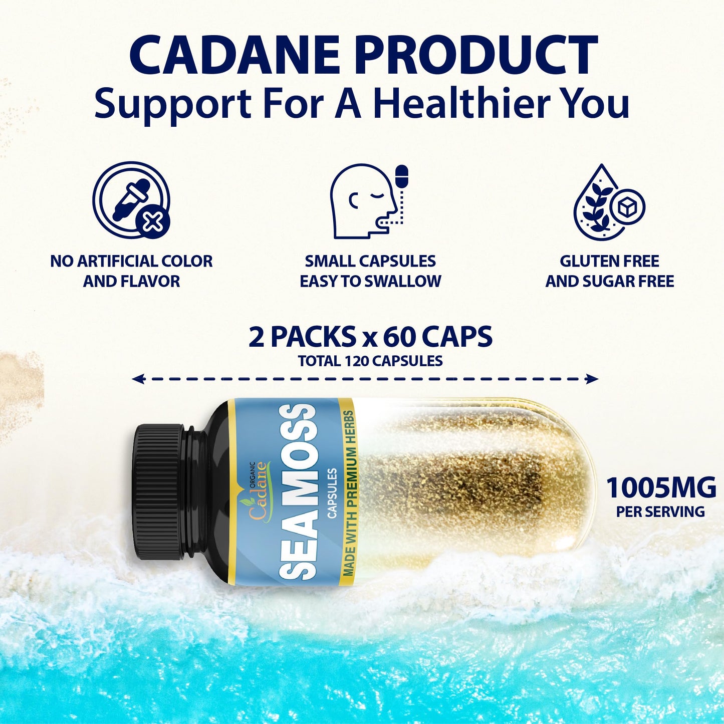 Organic Cadane Irish Sea Moss Powder Capsules, 60 Capsules