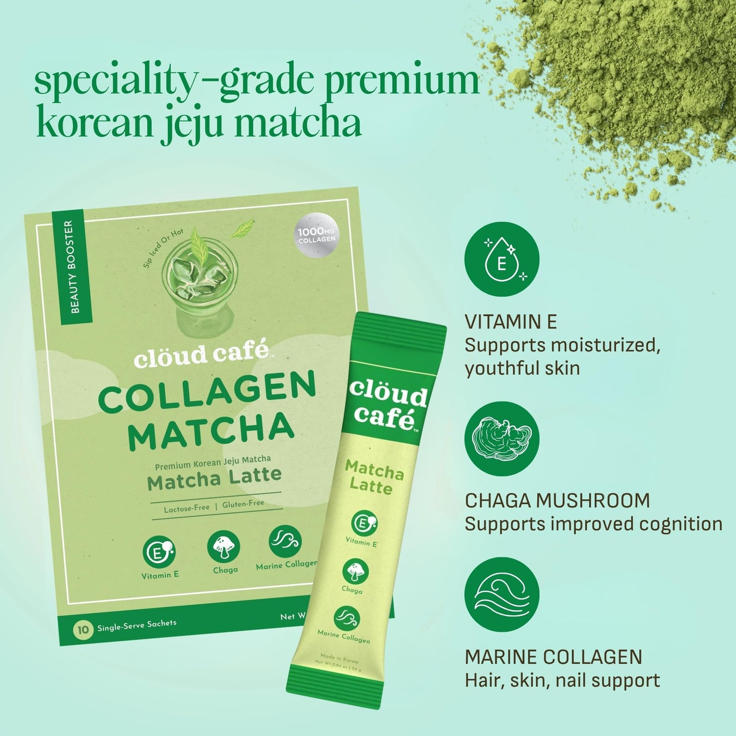 Clöud Café Collagen Infused Matcha Latte Powder 10 Sachets