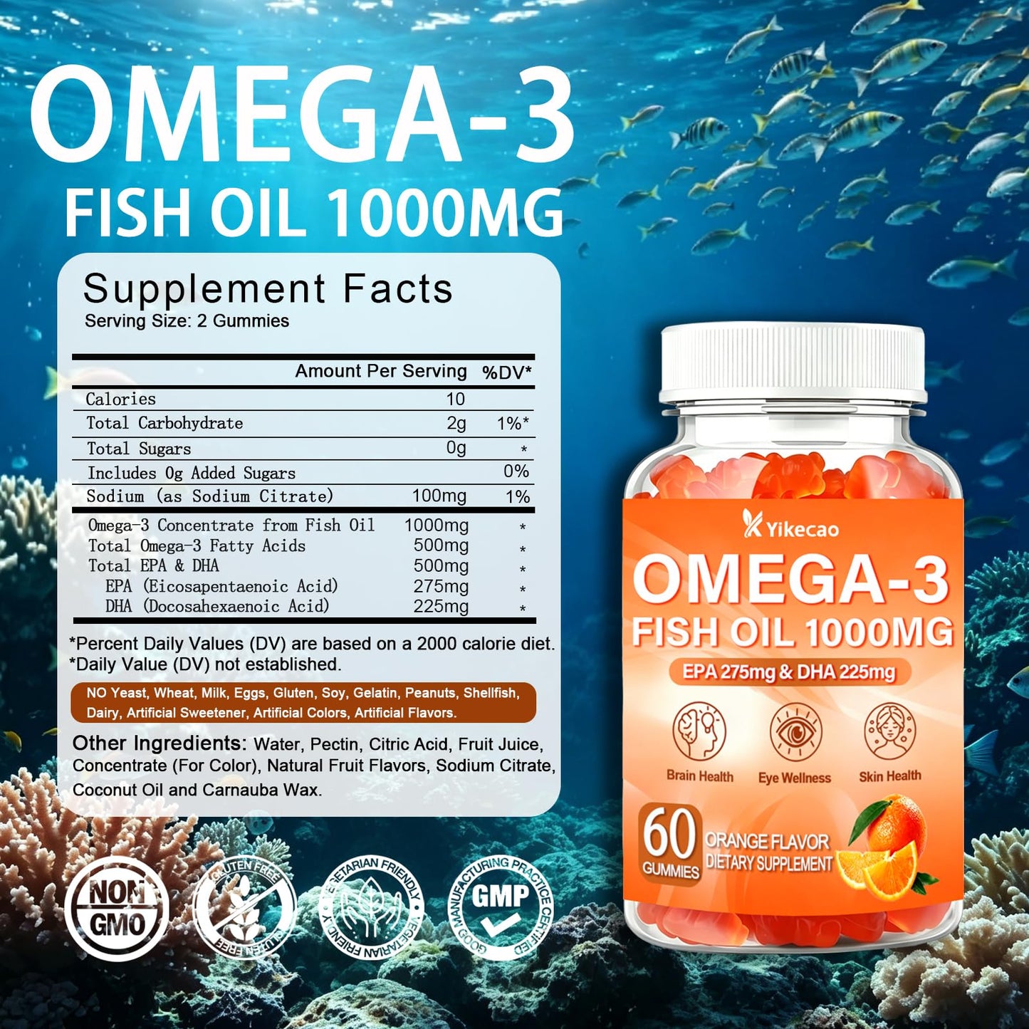 Yikecao Omega 3 Fish Oil Gummies 1000mg with DHA & EPA, 60 Count