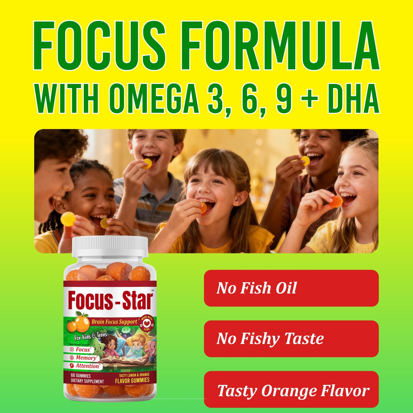 Generic Focus Star Kids Focus Gummies Omega-3 DHA Gummies for Kids, 60 Count