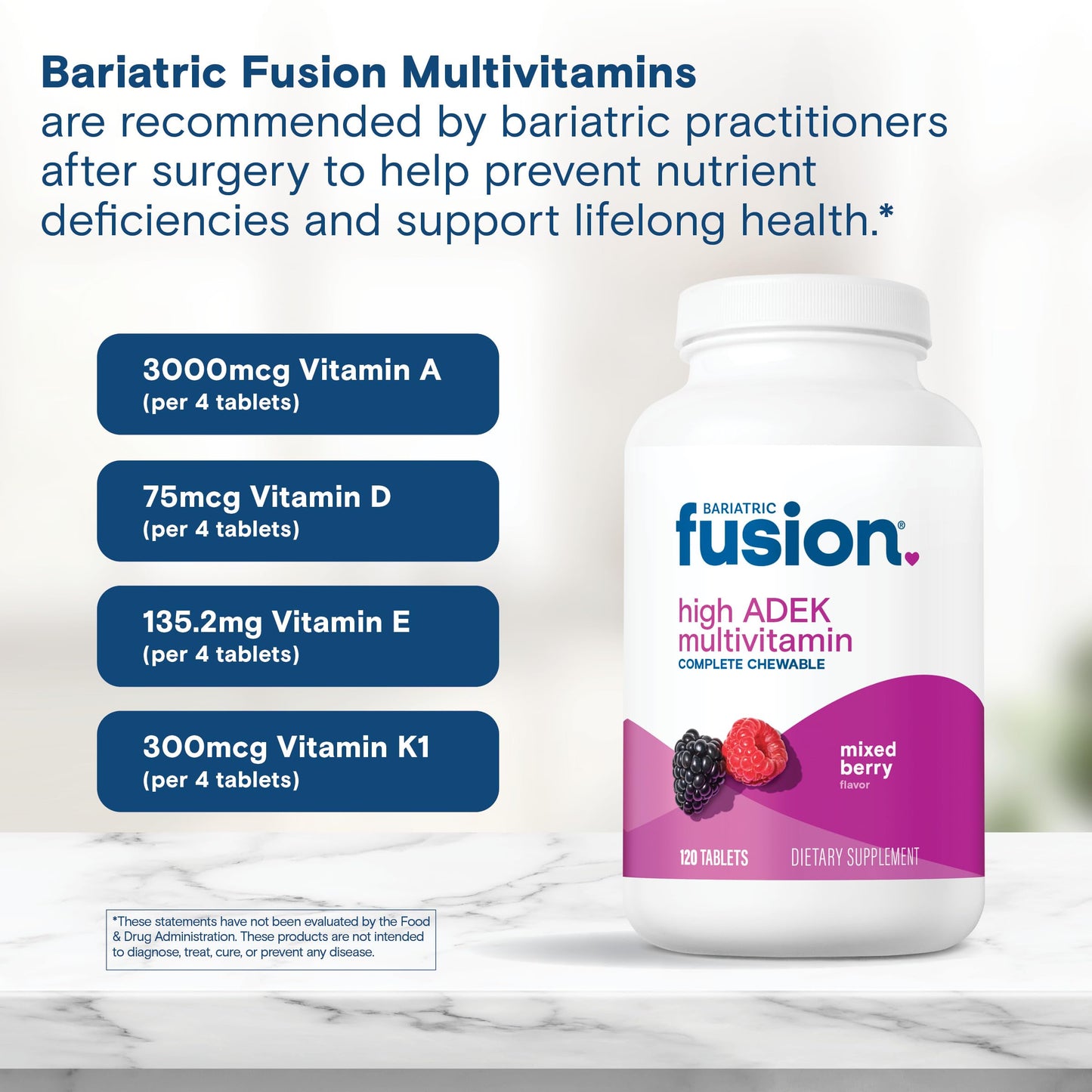 Bariatric Fusion Chewable Multivitamin for Duodenal Switch Patients with ADEK Vitamins, 120 Count