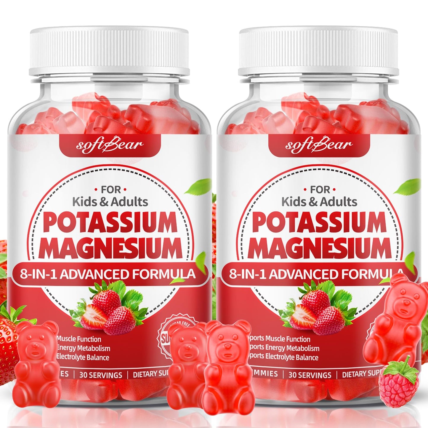 softbear Magnesium Potassium Gummies with Vitamin B6 for Leg Cramps & Muscle Health, Sugar-Free Strawberry, 120 Gummies