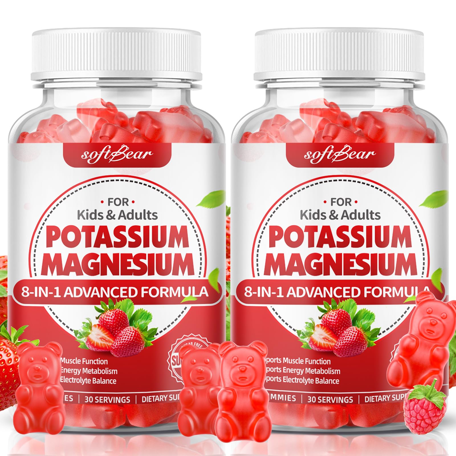 softbear Magnesium Potassium Gummies with Vitamin B6 for Leg Cramps & Muscle Health, Sugar-Free Strawberry, 120 Gummies