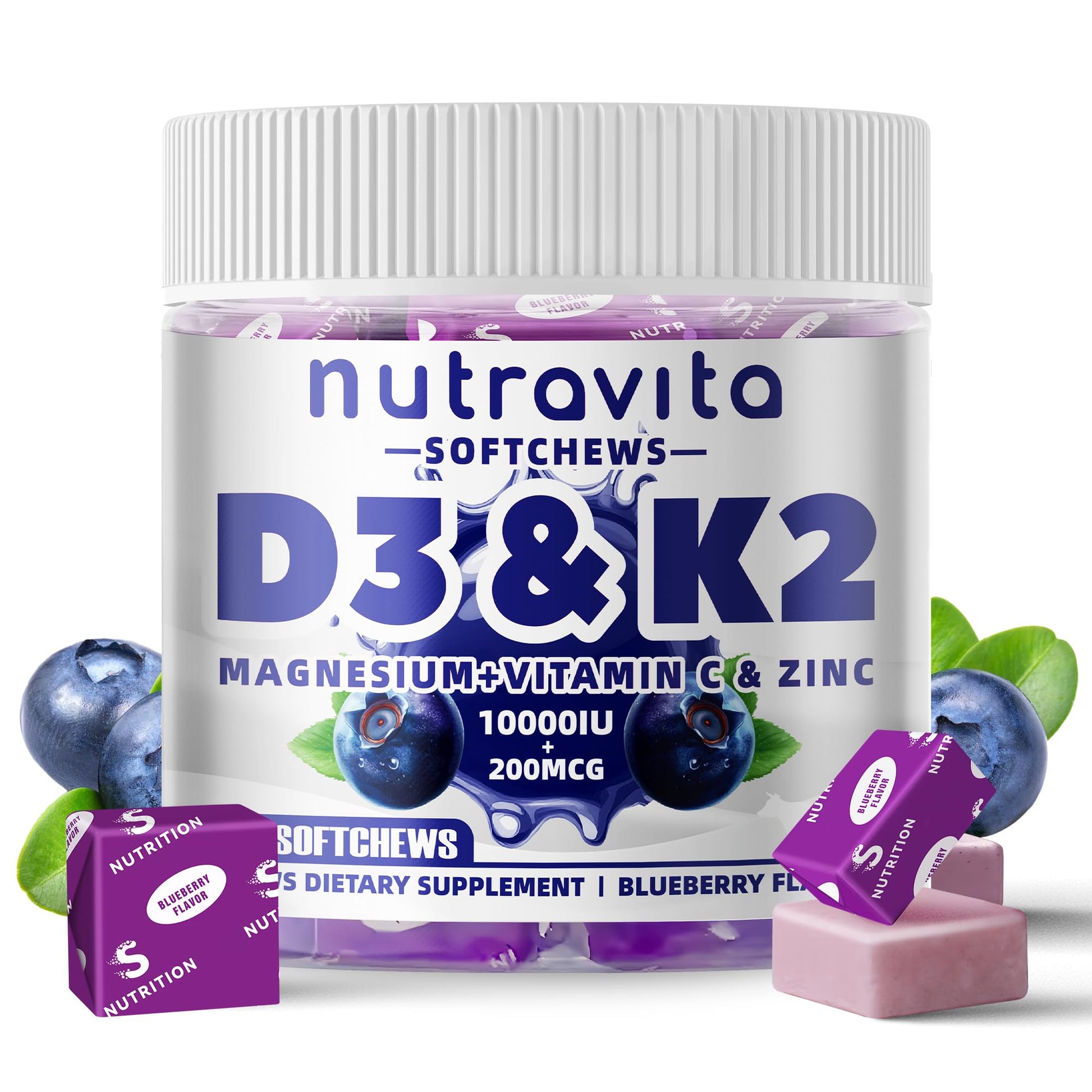 Nutravita Vitamin D3 K2 SoftChews Sugar-Free with Calcium + K2 (MK-7), Magnesium Citrate, Vitamin C, Extra Strength - Ultimate Absorption, Vegan, 60 Count