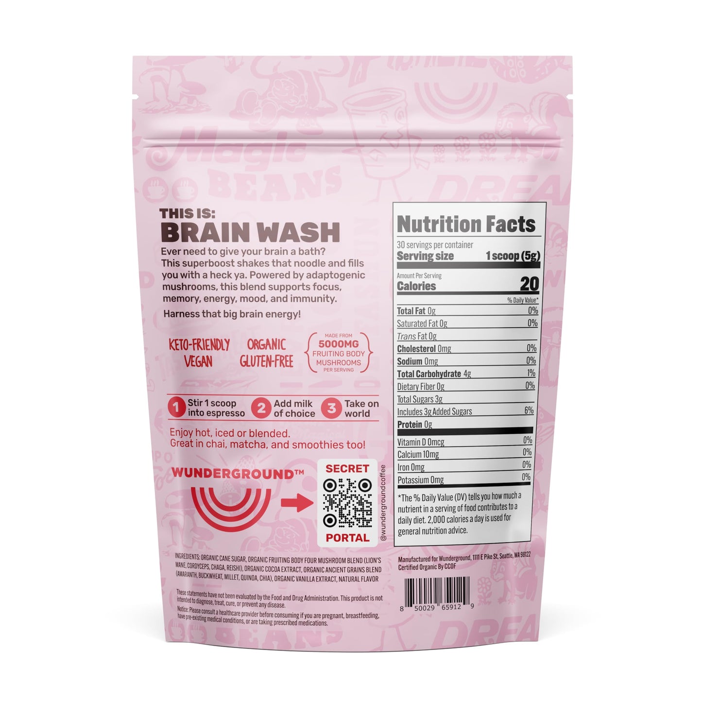 Wunderground Brain Wash Organic Mushroom Superboost Powder 4.23 oz