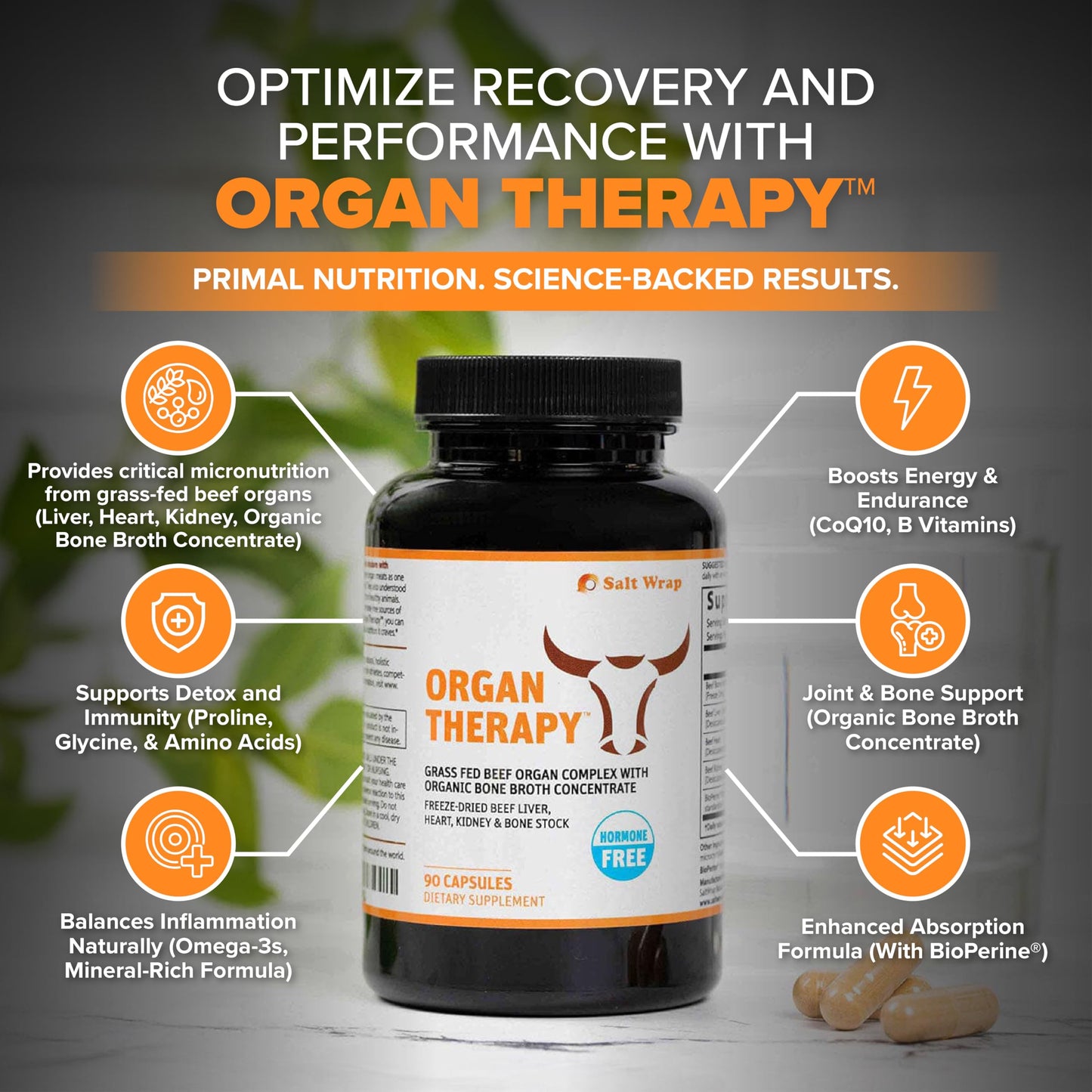 SaltWrap Organ Therapy Grass-Fed Beef Organ Meat Complex Supplement with Organic Bone Broth Concentrate Desiccated Capsules, 90 Count