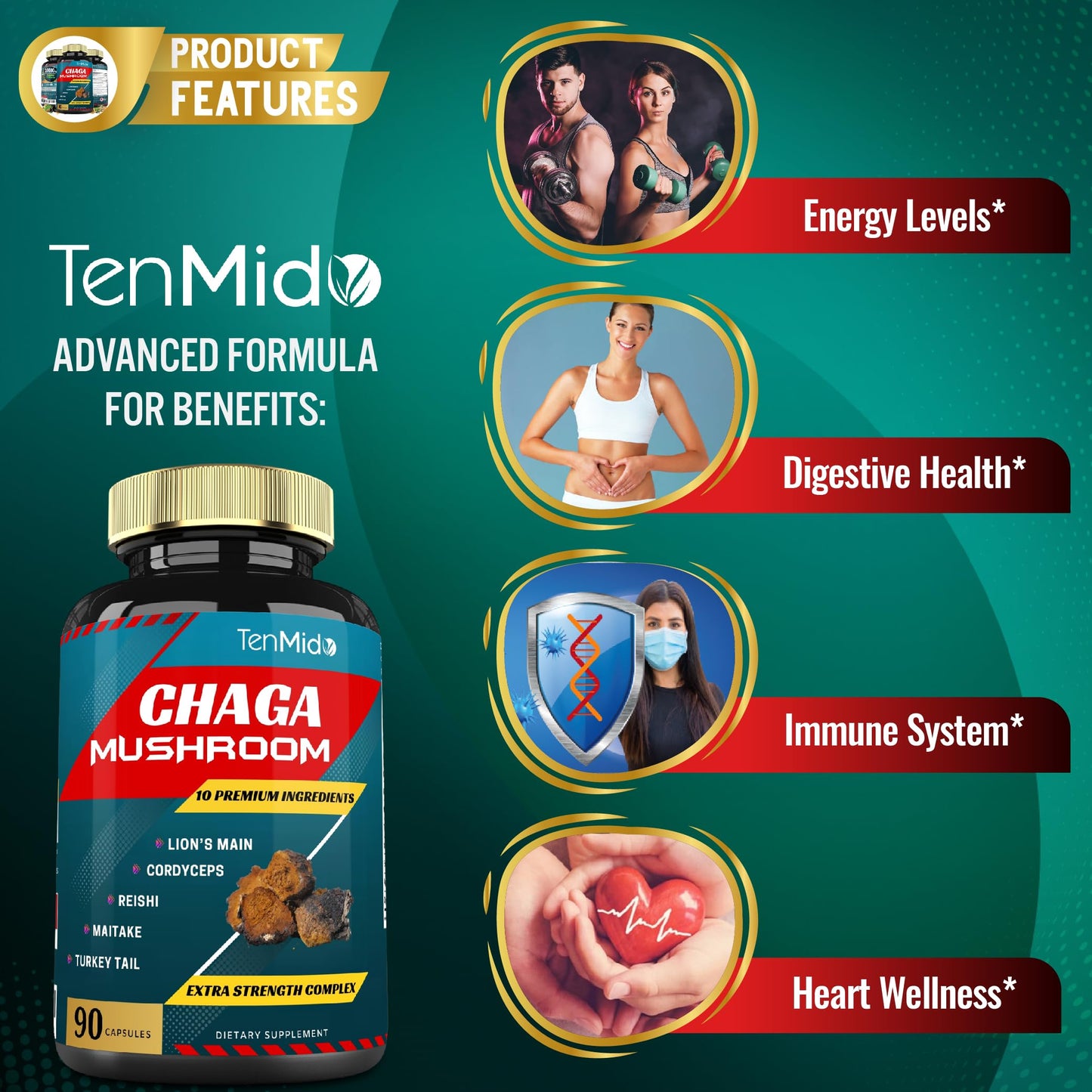 Tenmido Chaga Mushroom Extract Capsules with Lions Mane, Cordyceps and More, 90 Count