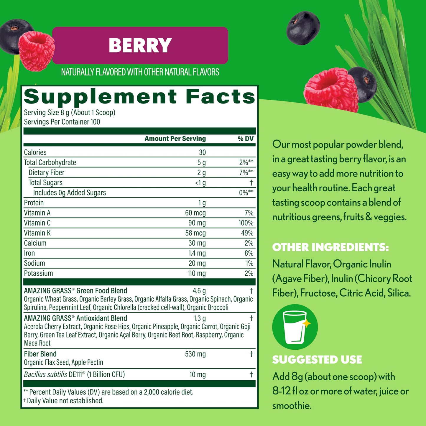 Amazing Grass Super Greens Powder Organic Berry 28.2 oz, 100 Servings