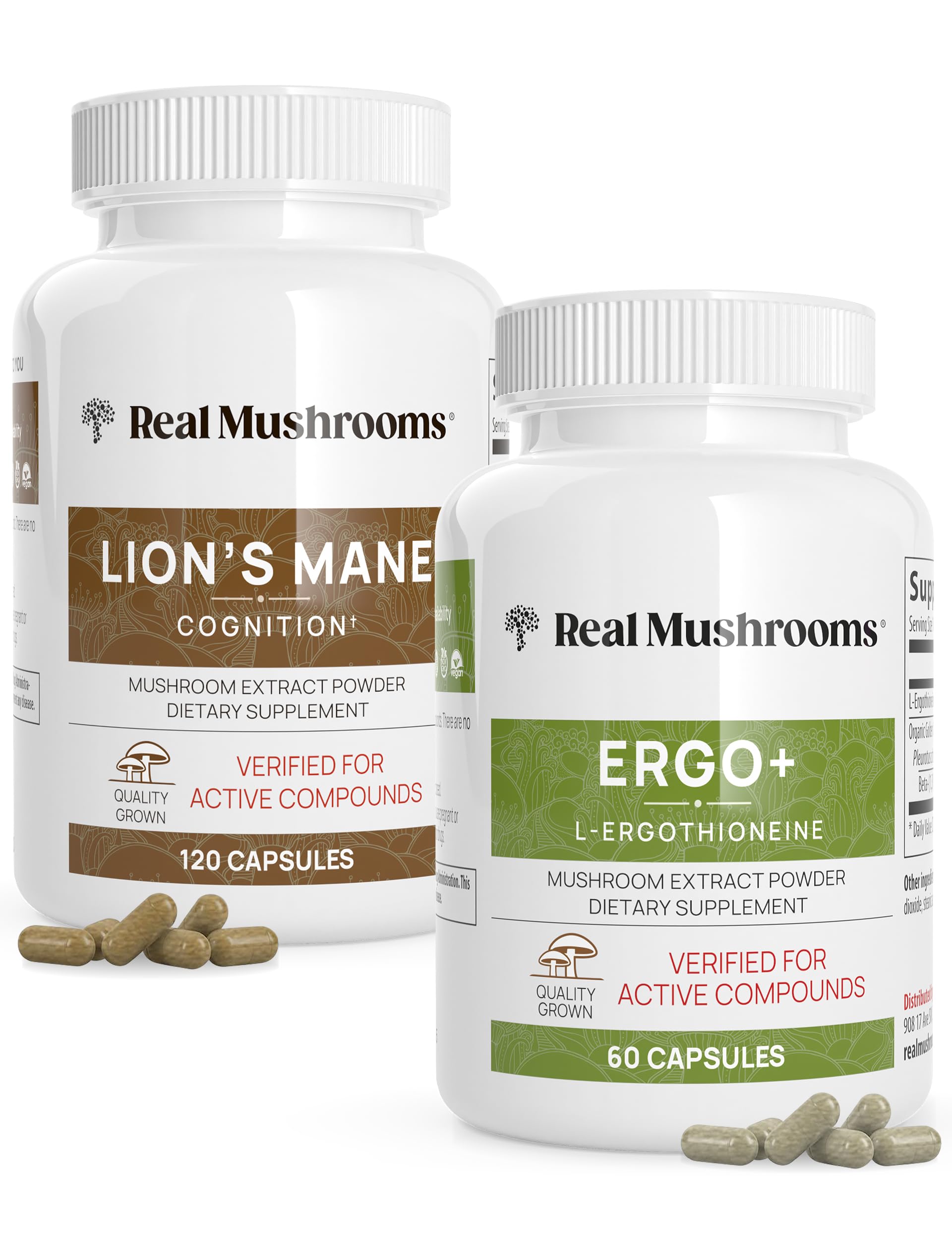 Real Mushrooms Ergothioneine and Lions Mane Capsule Duo, 2 Capsules