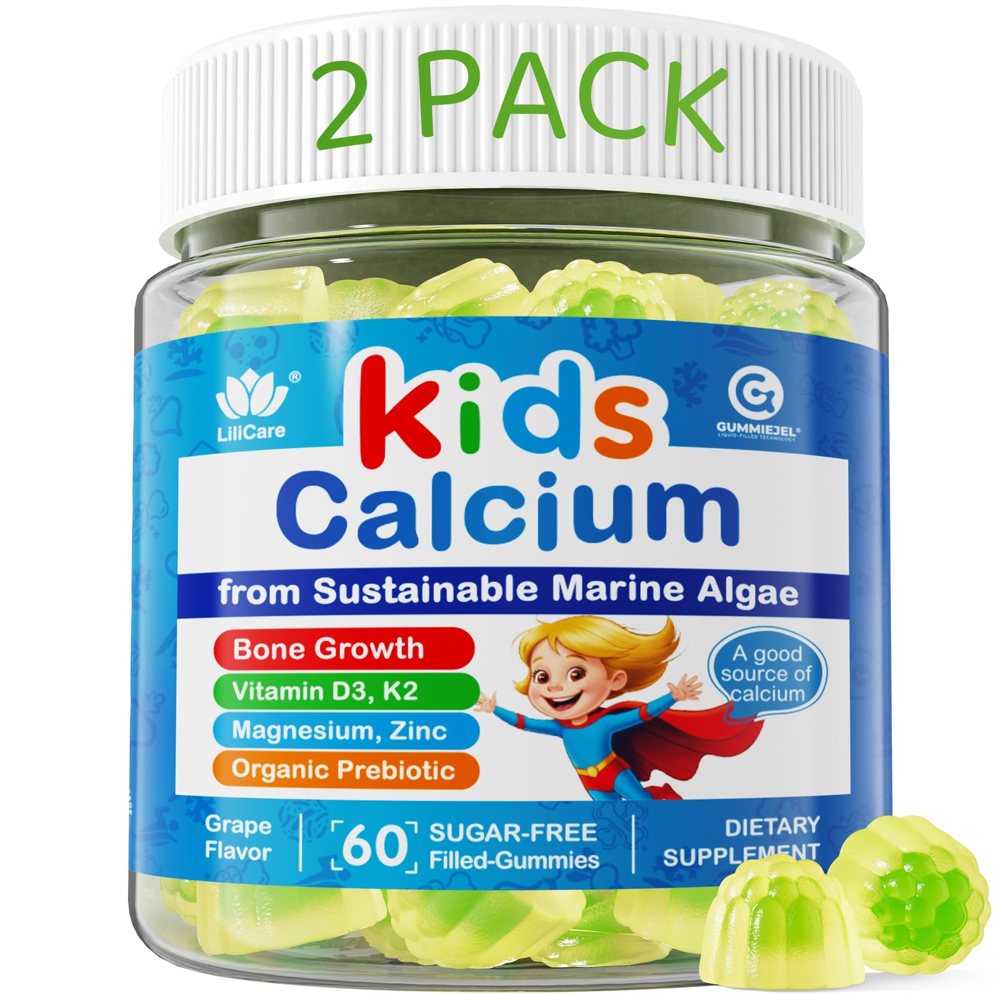 LILICARE Calcium for Kids Gummies, 120 Count, Sugar Free, with Vitamin D3, K2, Magnesium, Zinc, Algae Calcium, Vegan