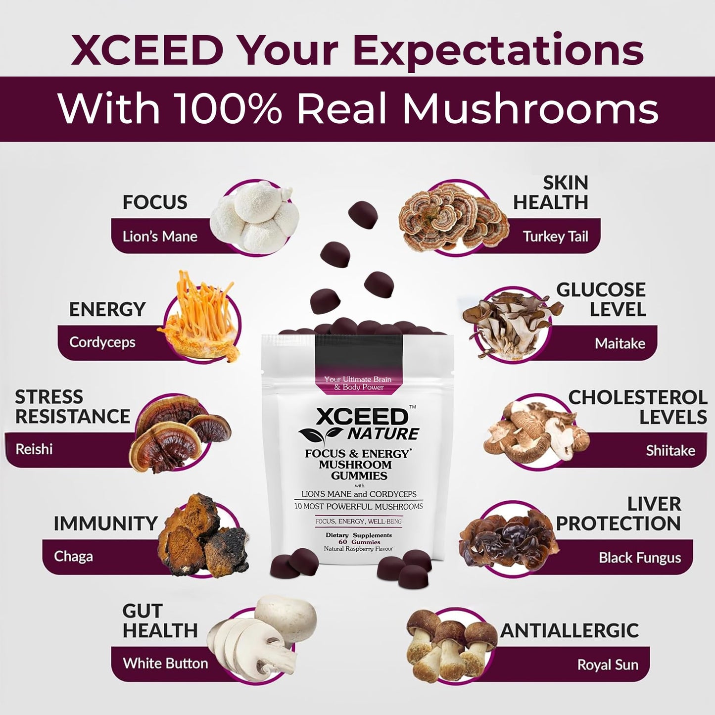 XCEED NATURE Lions Mane & Cordyceps Mushroom Gummies (Gummy) 60 Count