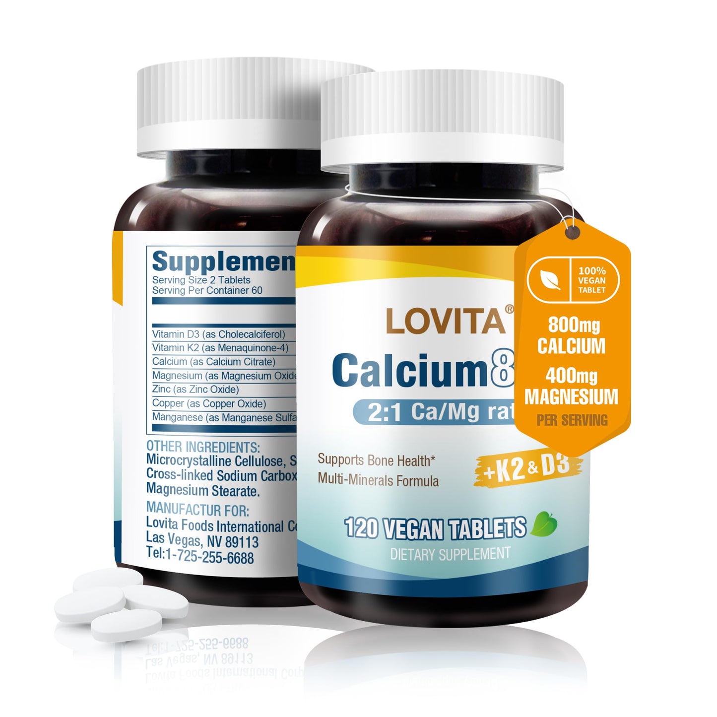 LOVITA Calcium Citrate 800 mg with Magnesium, Vitamin D3 & K2, Bone Strength & Density Supplement for Women & Men, 120 Tablets