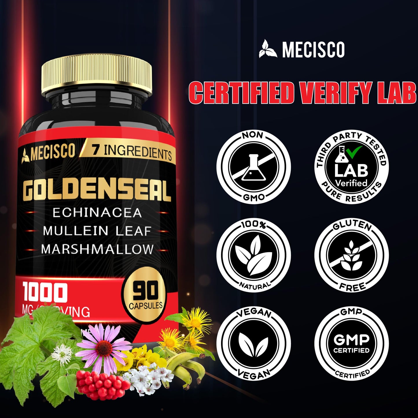 Mecisco Goldenseal Root Capsule with Echinacea, Mullein Leaf, Plantain & More, 90 Count